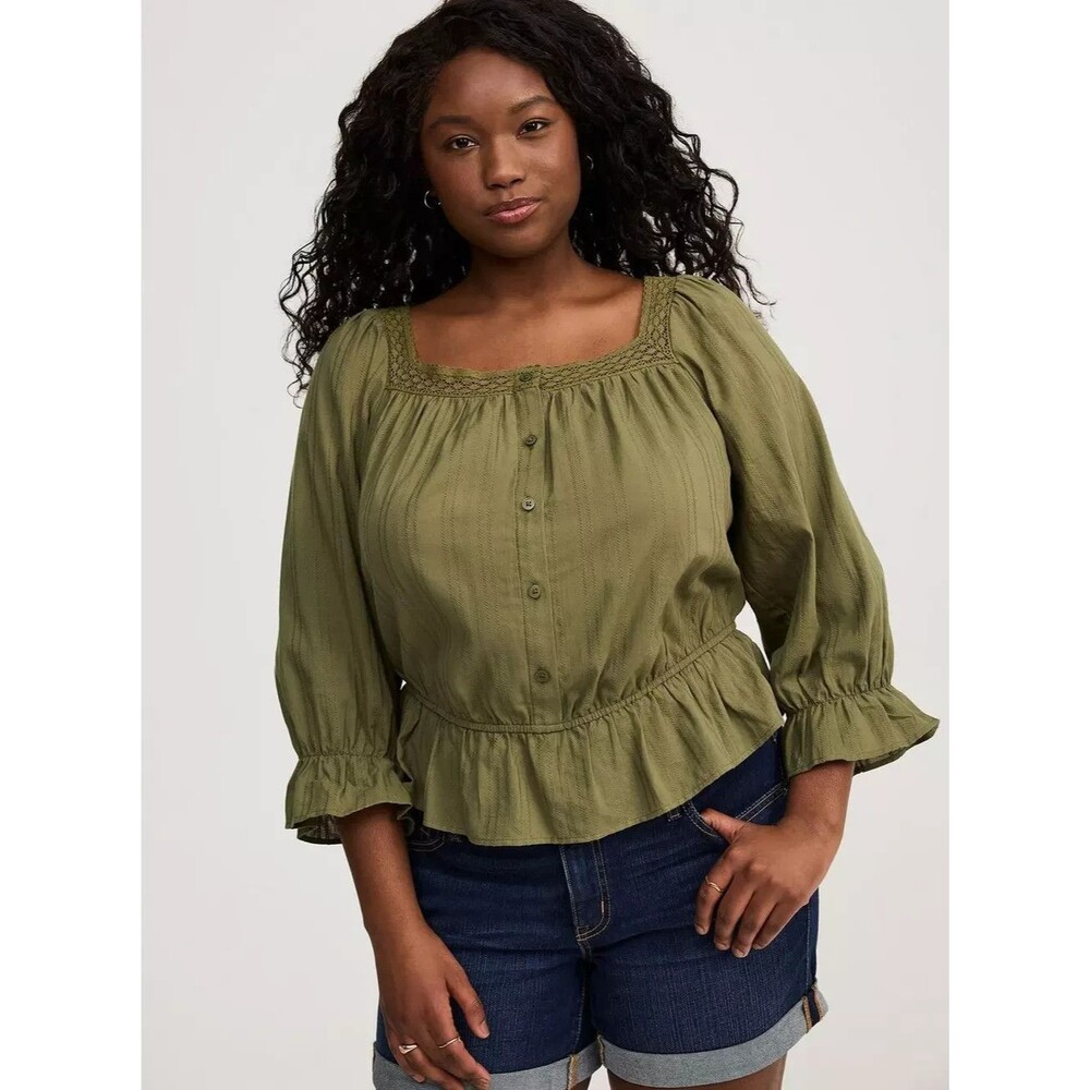 Torrid Women's Plus 2X Olive Green Cotton Dobby Square Neck 3/4 Sleeve boho BD